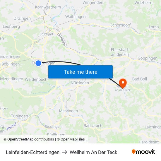 Leinfelden-Echterdingen to Weilheim An Der Teck map