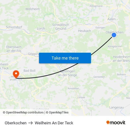 Oberkochen to Weilheim An Der Teck map