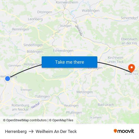 Herrenberg to Weilheim An Der Teck map