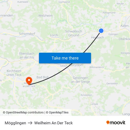 Mögglingen to Weilheim An Der Teck map