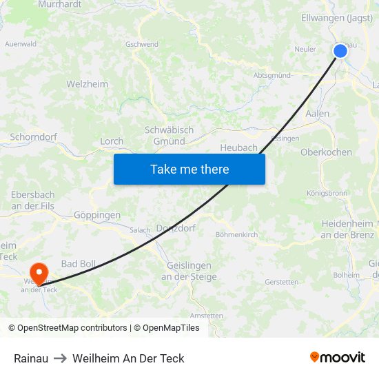 Rainau to Weilheim An Der Teck map