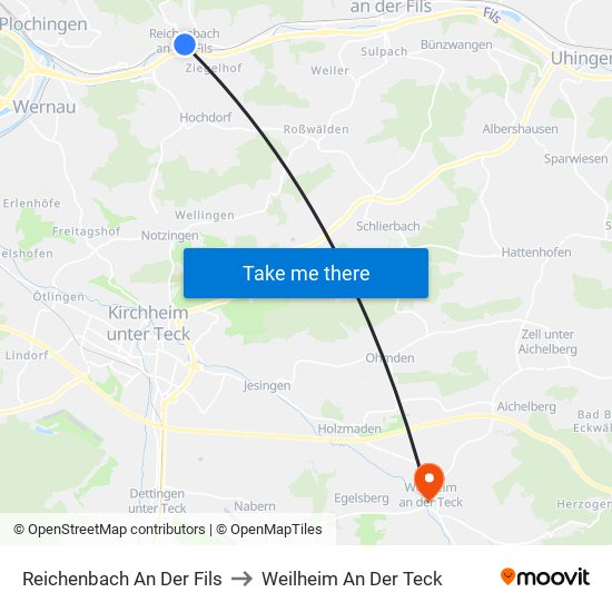 Reichenbach An Der Fils to Weilheim An Der Teck map