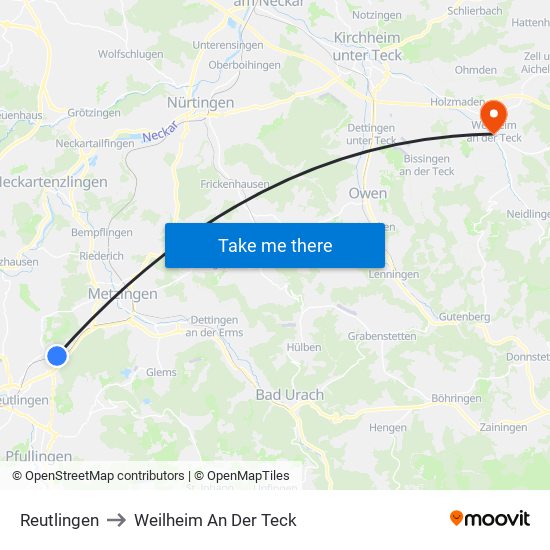 Reutlingen to Weilheim An Der Teck map