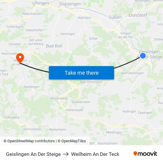 Geislingen An Der Steige to Weilheim An Der Teck map