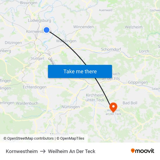 Kornwestheim to Weilheim An Der Teck map