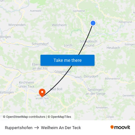 Ruppertshofen to Weilheim An Der Teck map