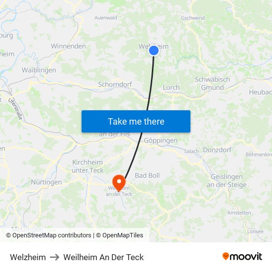 Welzheim to Weilheim An Der Teck map