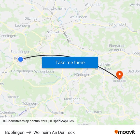 Böblingen to Weilheim An Der Teck map