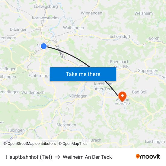 Hauptbahnhof (Tief) to Weilheim An Der Teck map