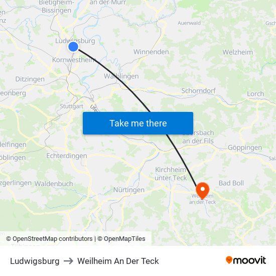 Ludwigsburg to Weilheim An Der Teck map