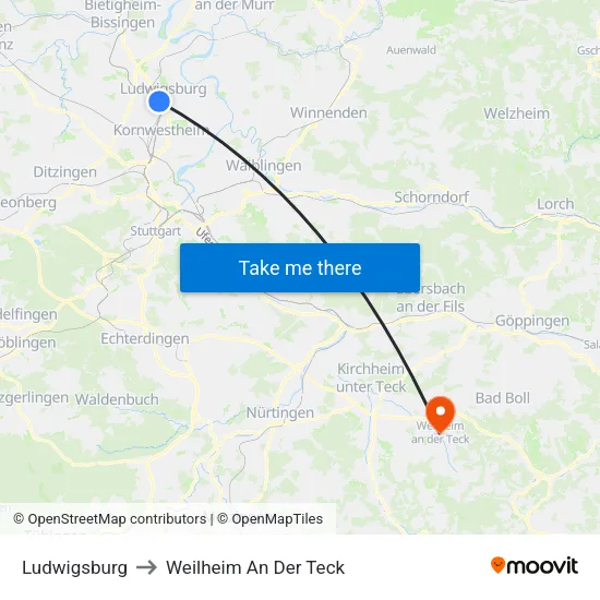Ludwigsburg to Weilheim An Der Teck map