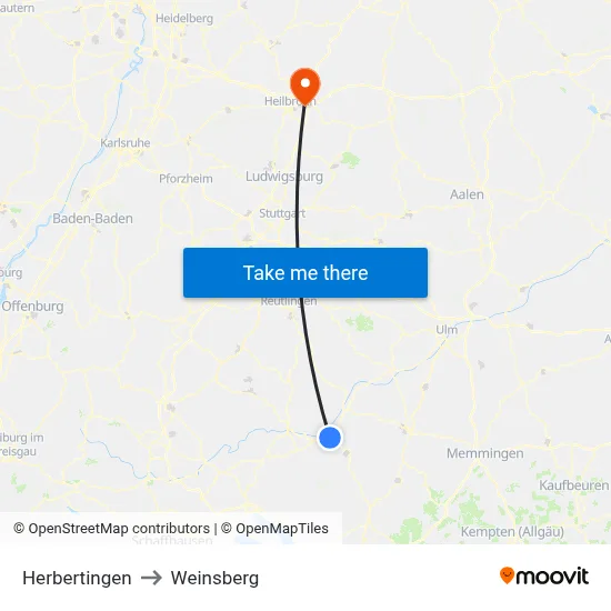 Herbertingen to Weinsberg map