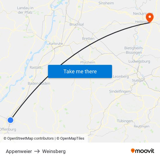 Appenweier to Weinsberg map