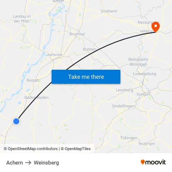 Achern to Weinsberg map