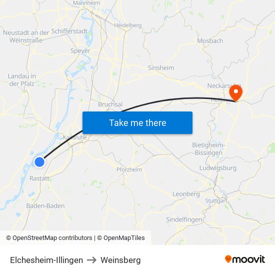 Elchesheim-Illingen to Weinsberg map