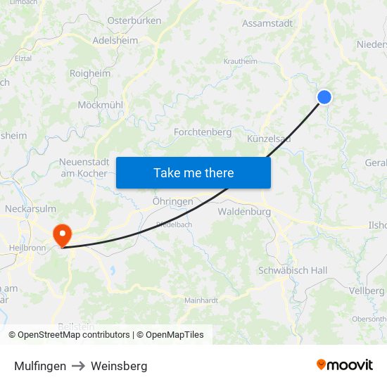 Mulfingen to Weinsberg map