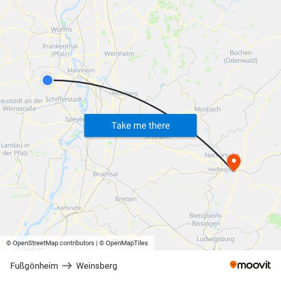 Fußgönheim to Weinsberg map