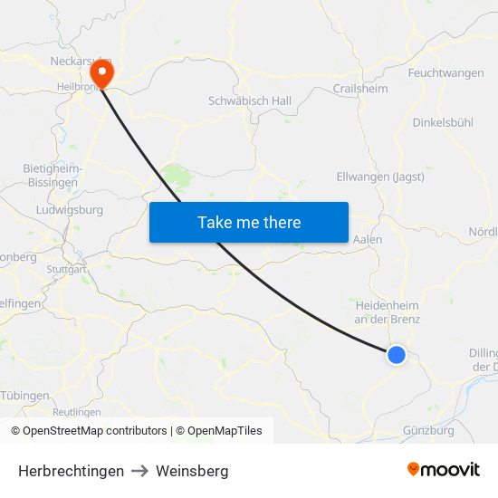 Herbrechtingen to Weinsberg map