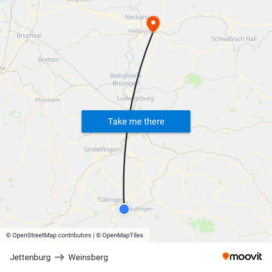 Jettenburg to Weinsberg map