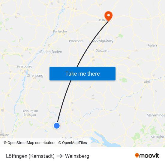 Löffingen (Kernstadt) to Weinsberg map