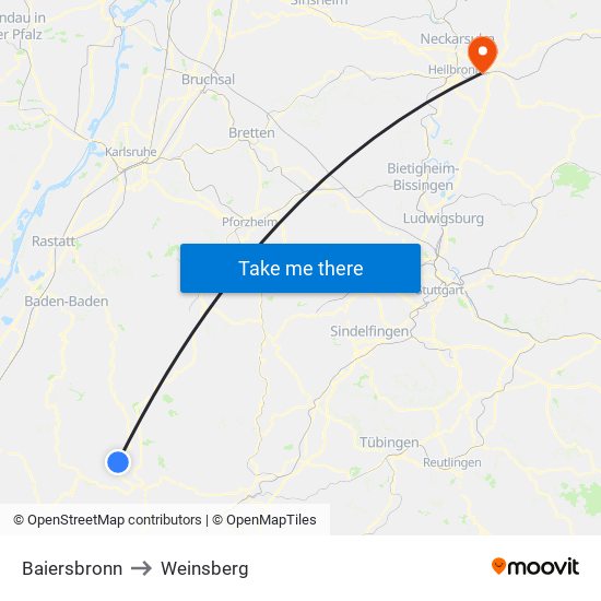 Baiersbronn to Weinsberg map