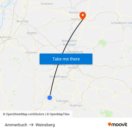 Ammerbuch to Weinsberg map