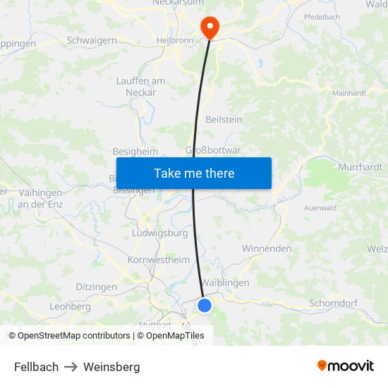 Fellbach to Weinsberg map