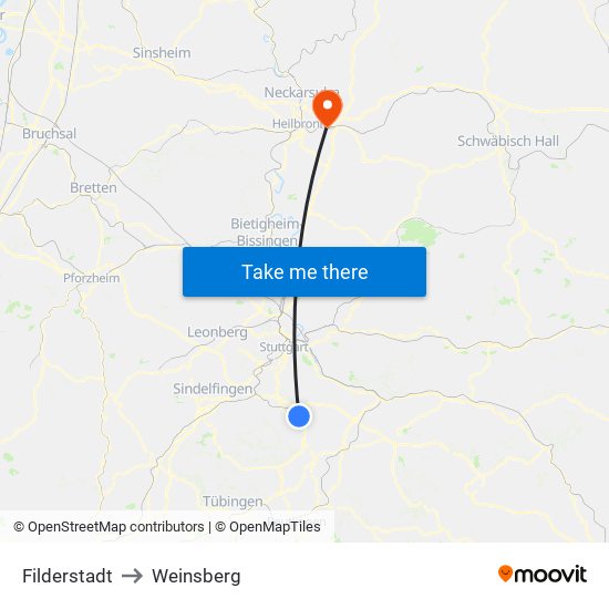 Filderstadt to Weinsberg map