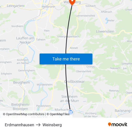 Erdmannhausen to Weinsberg map