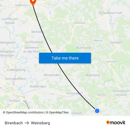 Birenbach to Weinsberg map