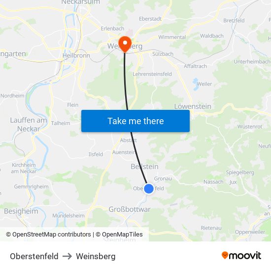 Oberstenfeld to Weinsberg map