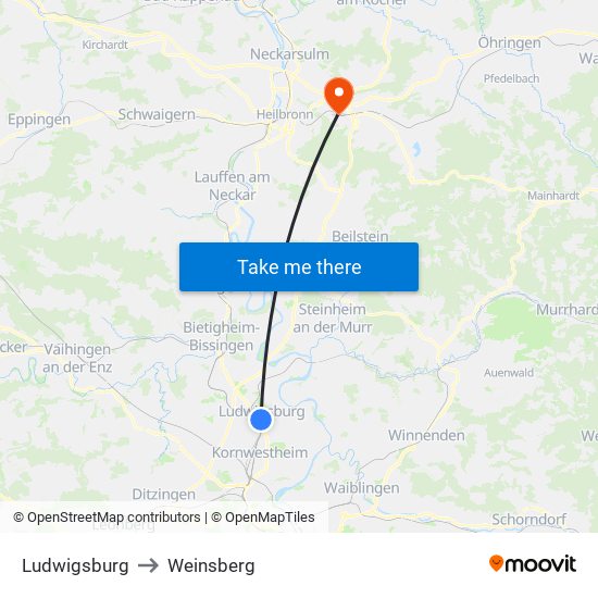 Ludwigsburg to Weinsberg map