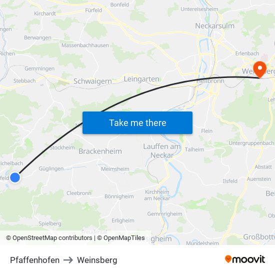 Pfaffenhofen to Weinsberg map