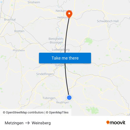 Metzingen to Weinsberg map