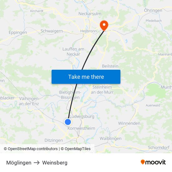 Möglingen to Weinsberg map
