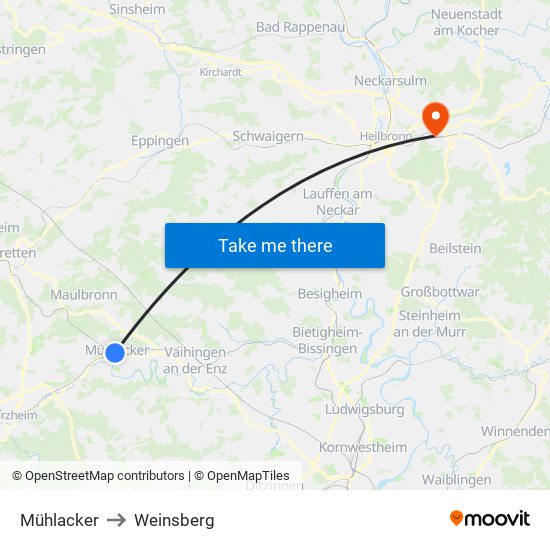 Mühlacker to Weinsberg map