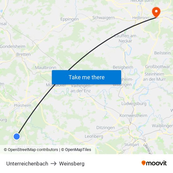 Unterreichenbach to Weinsberg map