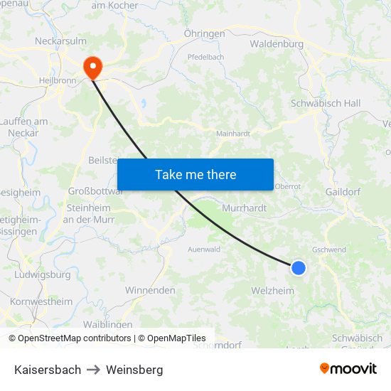 Kaisersbach to Weinsberg map