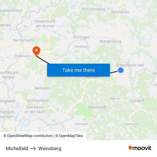 Michelfeld to Weinsberg map