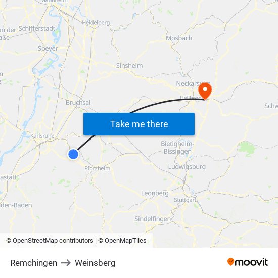 Remchingen to Weinsberg map