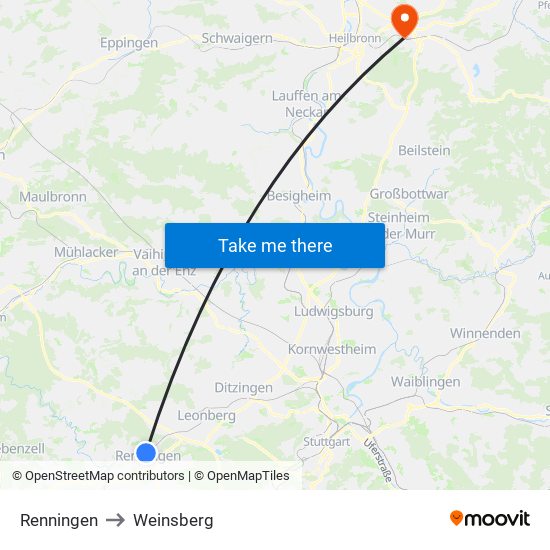 Renningen to Weinsberg map