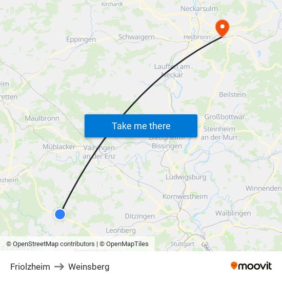 Friolzheim to Weinsberg map