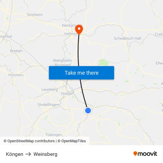 Köngen to Weinsberg map
