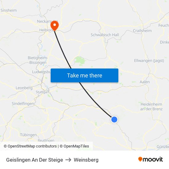 Geislingen An Der Steige to Weinsberg map