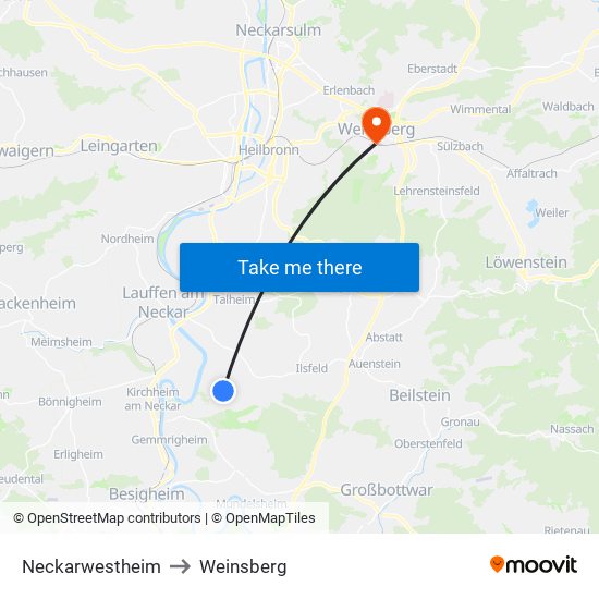 Neckarwestheim to Weinsberg map