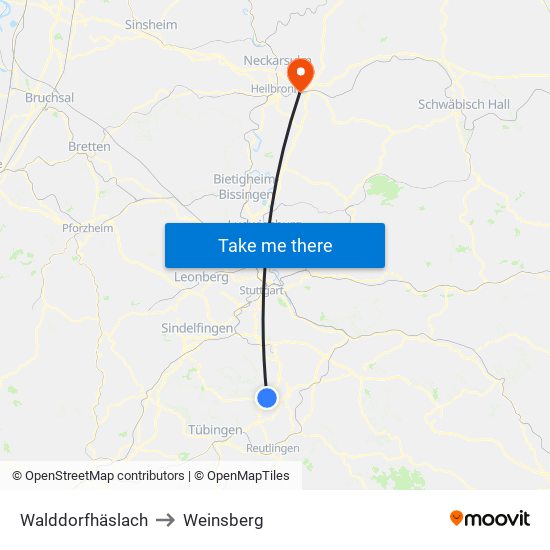 Walddorfhäslach to Weinsberg map