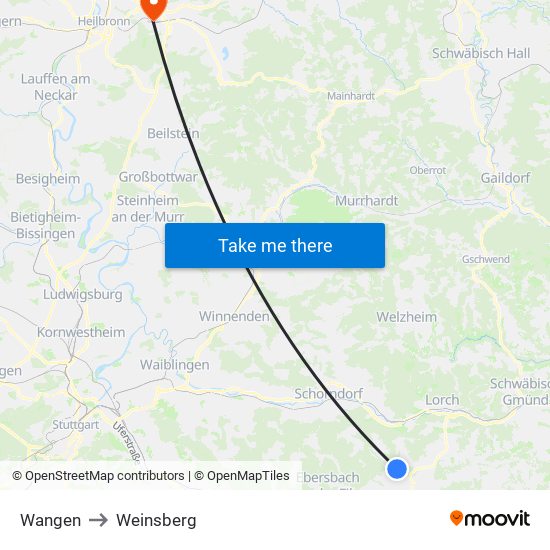 Wangen to Weinsberg map