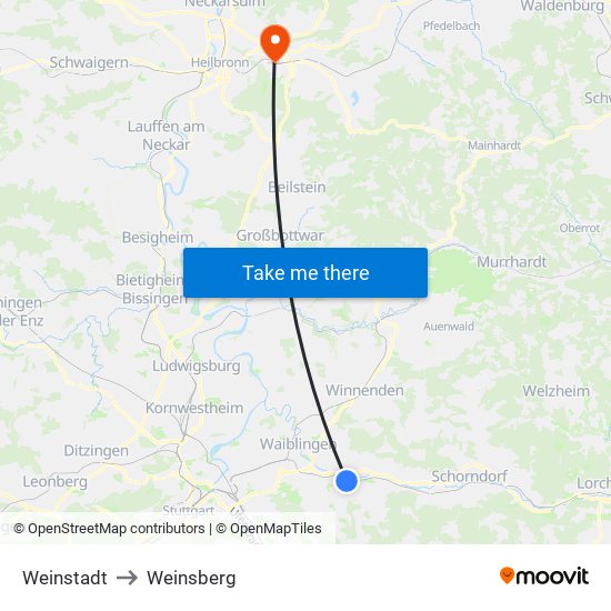 Weinstadt to Weinsberg map