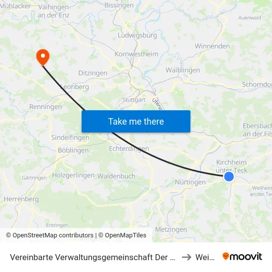 Vereinbarte Verwaltungsgemeinschaft Der Stadt Kirchheim Unter Teck to Weissach map