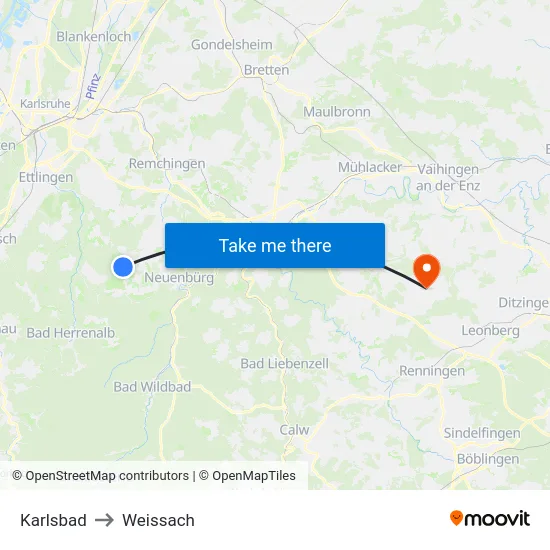 Karlsbad to Weissach map
